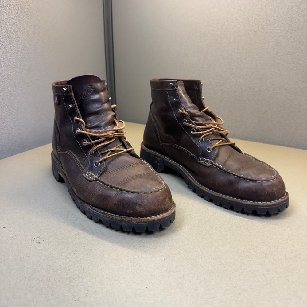 Danner Bull Run Moc Toe Boot resoled with Vibram lug sole. Size 10.5